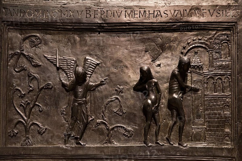 Bernward's Door, detail, left wing, Genesis, Expulsion from Paradise, Hildesheim, Lower Saxony, Germany, Europe