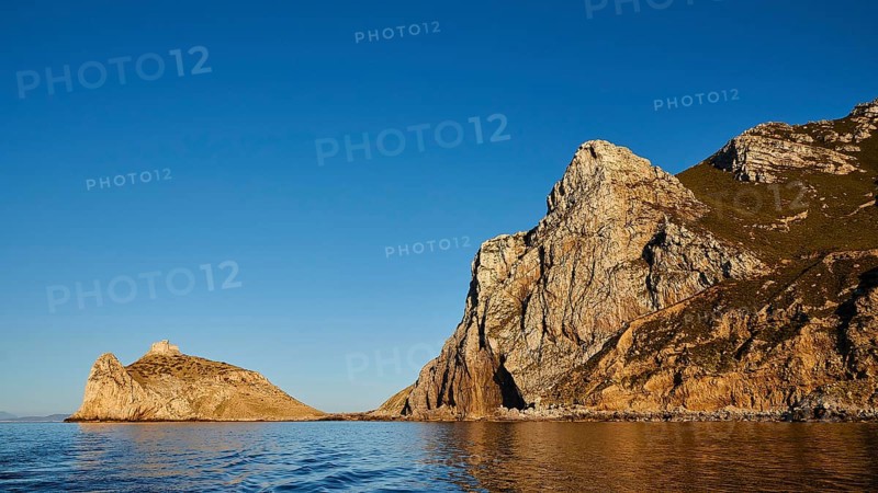 Evening light, Castello di Punta Troia, Boat tour, View from the sea, Bizarre rock formations, Rugged mountains, Marettimo, Egadi Islands, Sicily, Italy, Europe