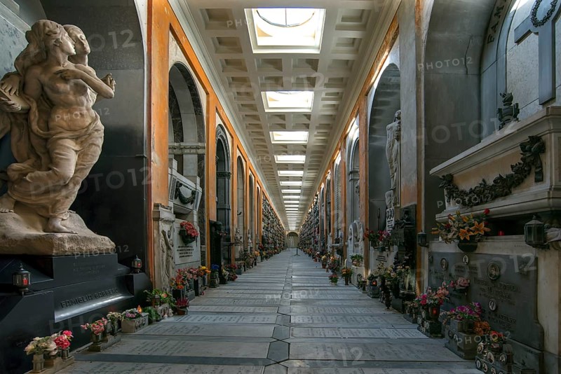 Covered tombs at the Monumental Cemetery, Cimitero monumentale di Staglieno), Genoa, Italy, Europe