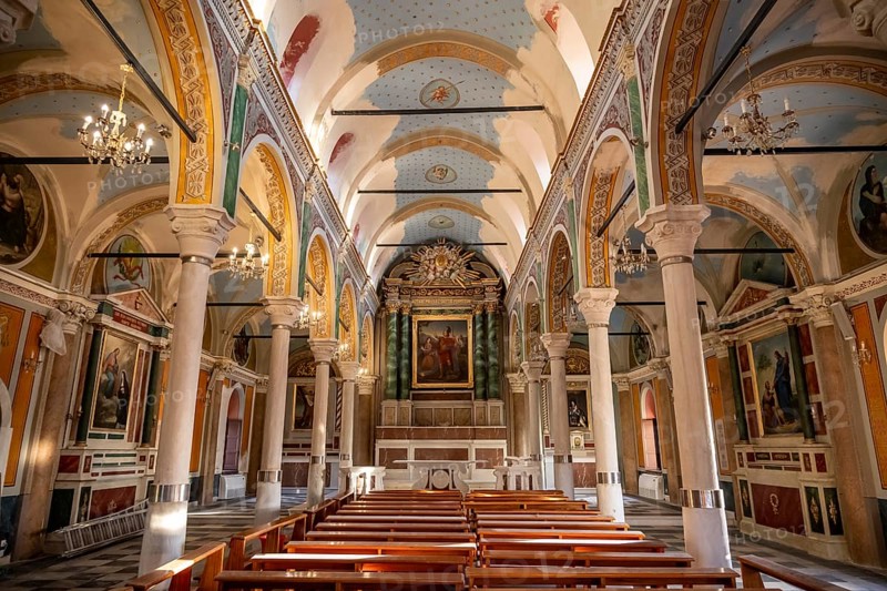 Interior view of the Basilica of San Giorgio in Ano Syros, nave with benches and altar, Ano Syros, Syros, Cyclades, Greece, Europe