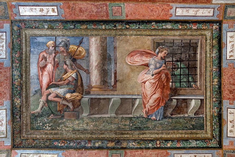 Ceiling fresco by Perino del Vaga, 1501- 1547, in a room of the Villa del Principe, Palazzo di Andrea Doria, Piazza dei Principe, Genoa. Italy
