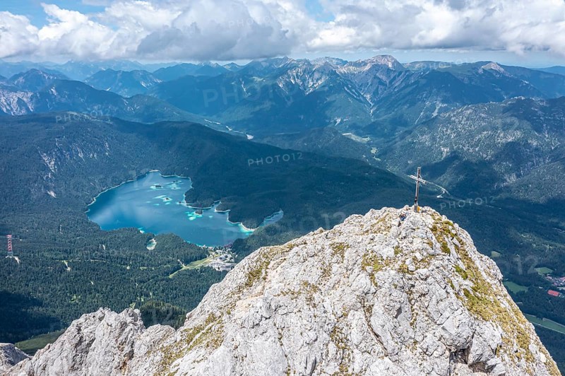 Aerial view, summit cross of the Waxenstein, Eibsee lake and Wetterstein mountains, Garmisch-Patenkirchen, Bavaria, Germany, Europe