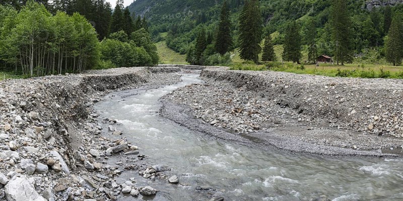Illegal stream straightening in a nature reserve, Rappenalpbach in the Rappenalptal valley near Oberstdorf, AllgÃ¤u Alps, AllgÃ¤u, Bavaria, Germany, Europe