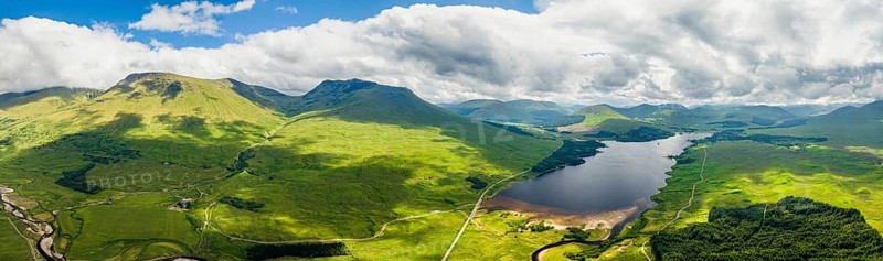 Panorama of Loch Tulla and Beinn Dorain from a drone, Glen Coe, Highlands, Scotland, UK