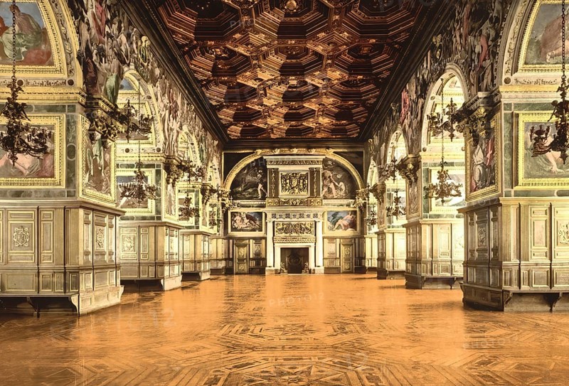 The Gallery of Henry II, at Fontainebleau Castle, Ile-de-France, France, c. 1890, Historic, digitally enhanced reproduction of a photochrome print from 1895, Europe