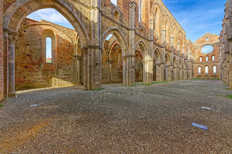 Nave, crossing and choir, church ruins of the Cistercian Abbey of San Galgano, Abbazia San Galgano, Gothic, Chiusdino, Tuscany, Italy, Europe