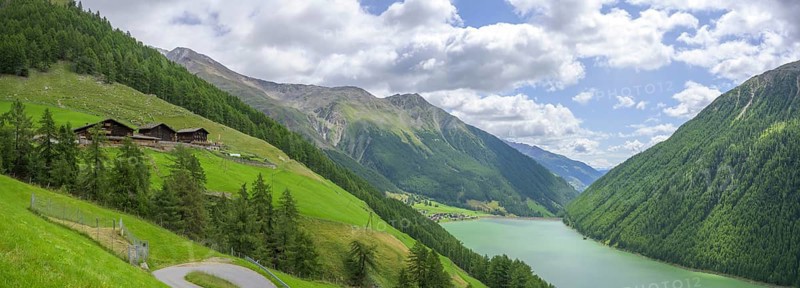 View of the Finalhof farm and Vernagt reservoir, Val Senales, Vernagt, South Tyrol, Italy, Europe