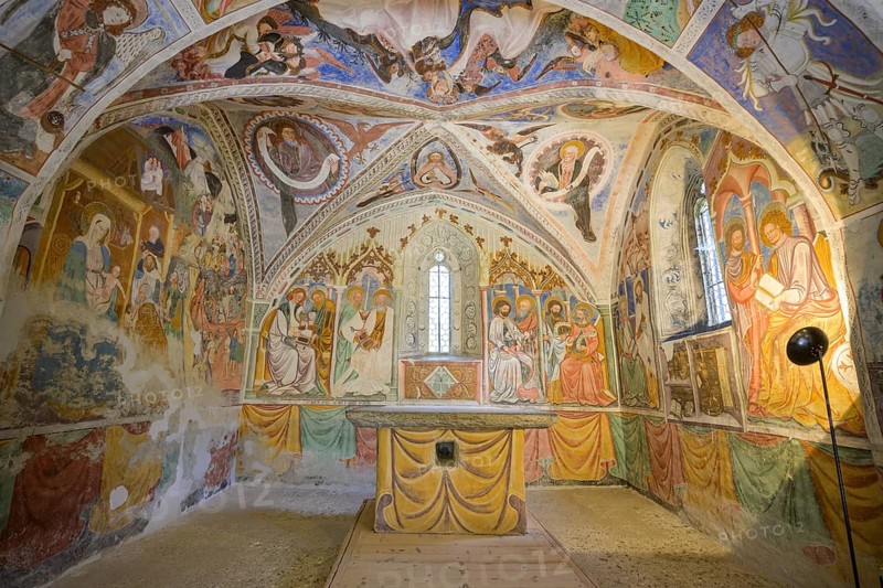 Gothic frescoes in the castle chapel of St Stephen, Morter, Latsch, South Tyrol, Italy, Europe