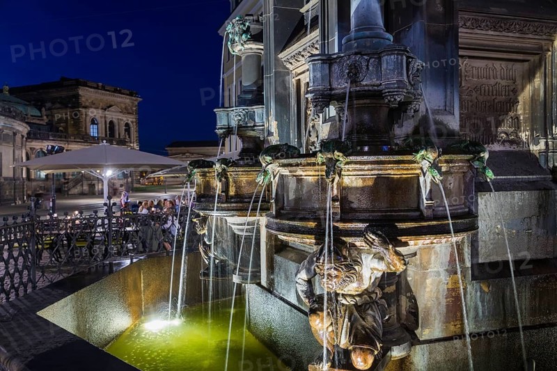 Dresden's most ornamental fountain, over 15 metres high, a total of 40 gargoyles, designed by Gottfried Semper and Karl Moritz Seelig, built between 1843 and 1845 by Franz Schwarz, donated because Dresden was spared the cholera epidemic