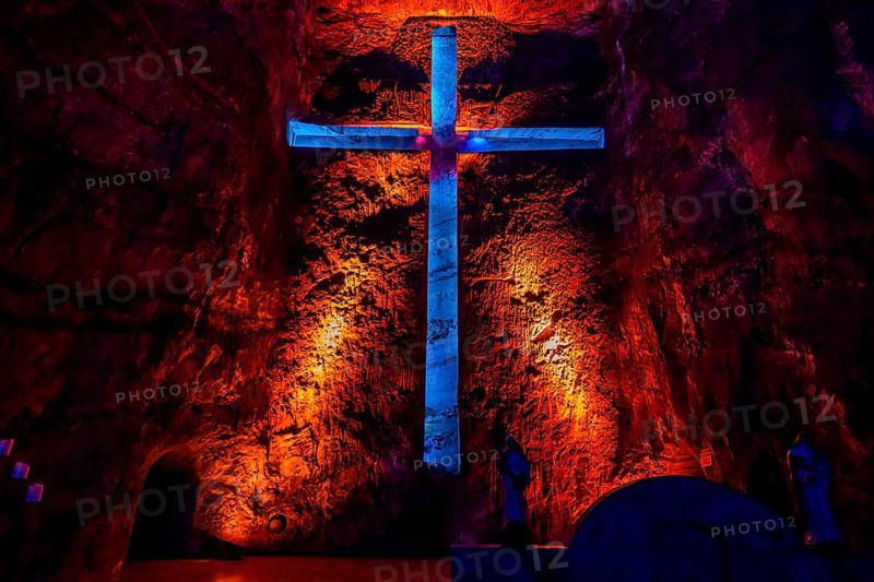 Giant salt cross in the Salt cathedral of Zipaquira, Colombia, South America