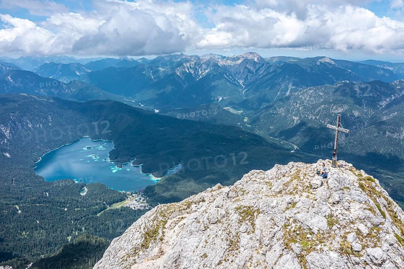 Aerial view, summit cross of the Waxenstein, Eibsee lake and Wetterstein mountains, Garmisch-Patenkirchen, Bavaria, Germany, Europe