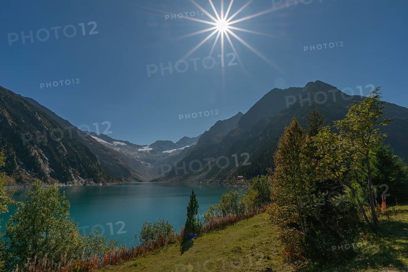 Schlegeisspeicher (1782m), glacier at Schlegeiskees, blue sky, backlight, Zillertal Alps, Tyrol, Austria, Europe