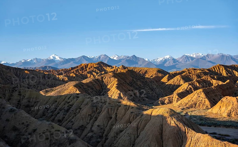 Landscape of eroded hills at sunrise, badlands, white mountain peaks of the Tian Shan Mountains in the background, Canyon of the Forgotten Rivers, Issyk Kul, Kyrgyzstan, Asia