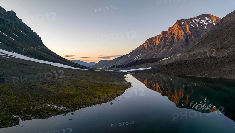 Kaskasavagge valley, mountain reflected in lake, Gaskkasjohka river, Kebnekaise massif, Lapland, Sweden, Europe