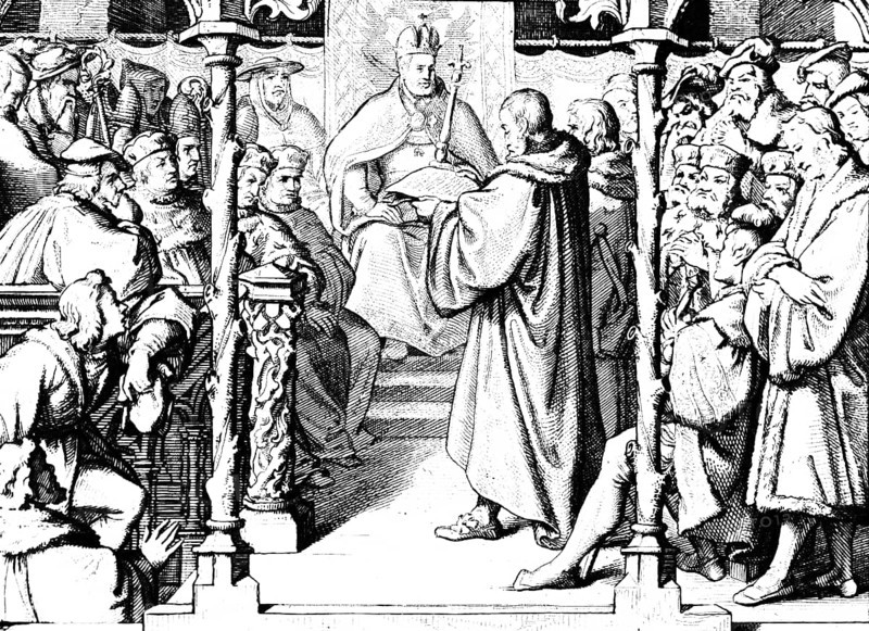 Martin Luther, Presentation of the Augsburg Confession in the Bishop's Seat, Confessio Augustana, Augsburg, Emperor, Wittenberg Reformation, Melanchton, Christian doctrine, Protestantism, religion, Christianity, Latin language, year 1530, 16th century, historical illustration c. 1860