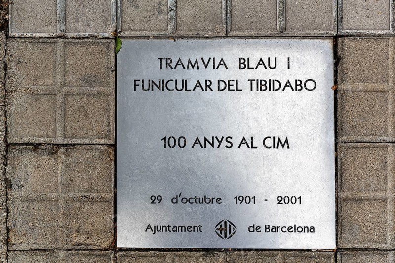 Commemorative plaque in the floor, anniversary, 100 years, historic tramway Tamvia Blau and cable car Tibidabo, Barcelona, Spain, Europe