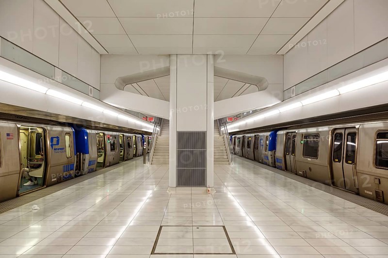 PATH Port Authority Trans-Hudson commuter train at the World Trade Centre WTC station in New York, USA, North America