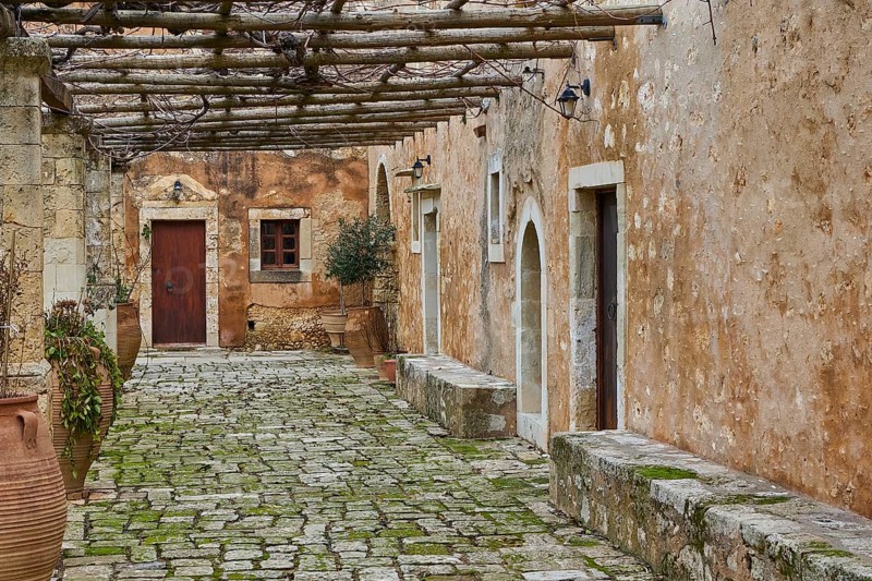 Wine arbour, stone floor, moss, building, Arkadi, Orthodox Monastery, National Monument, Rethimnon Province, Crete, Greece, Europe