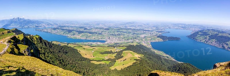 View from Mount Rigi to the city of Lucerne, Lake Lucerne, Lake Zug and Pilatus Alps Panorama in Rigi, Switzerland, Europe