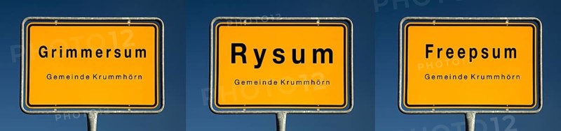 Place name signs for Grimmersum, Rysum and Freepsum, villages in the municipality of Krummhörn, where the um means home in North Germany, district of Aurich, East Frisia, Lower Saxony, Germany, Europe