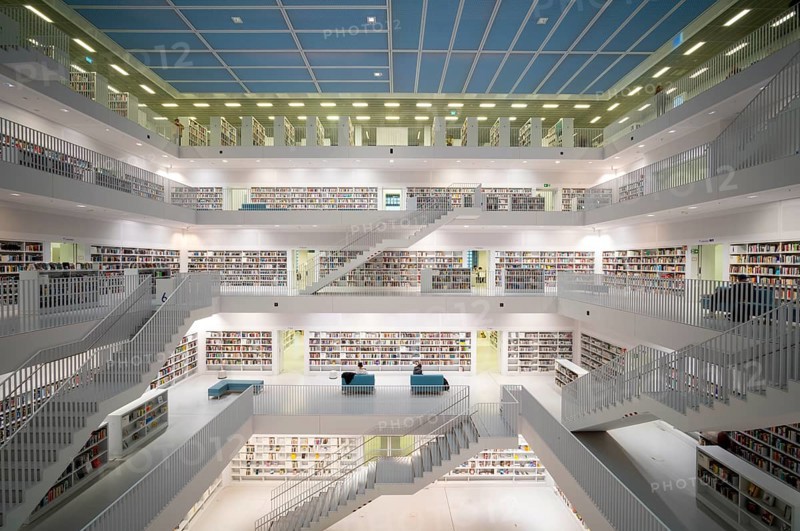Interior view, gallery hall with staircases of the city library, architect Eun Young Yi, Stuttgart, Baden-Württemberg, Germany, Europe