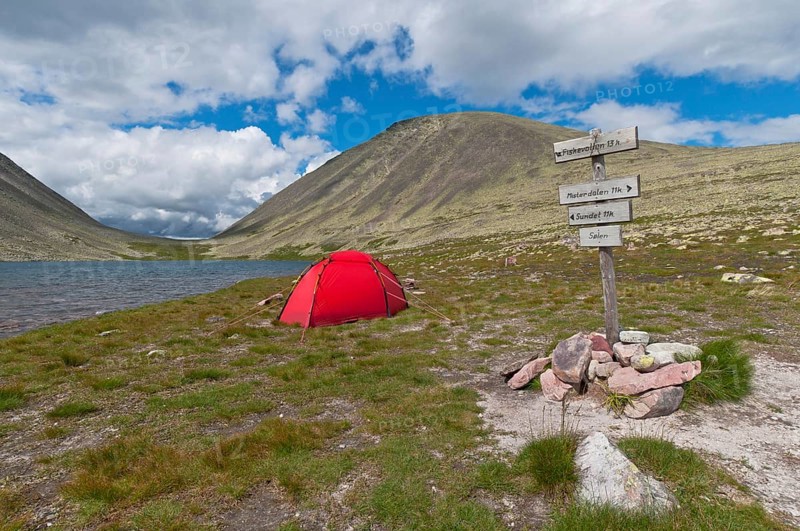 Tent by a mountain lake, Rendalen, Hedmark, Norway, July 2010, Europe