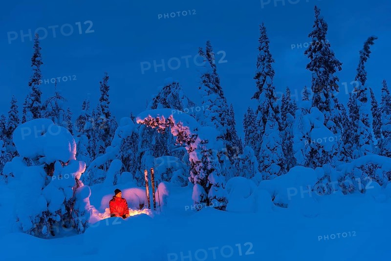 Man at the campfire, Muddus National Park, World Heritage Laponia, Norrbotten, Lapland, Sweden, Sweden, Scandinavia, Europe