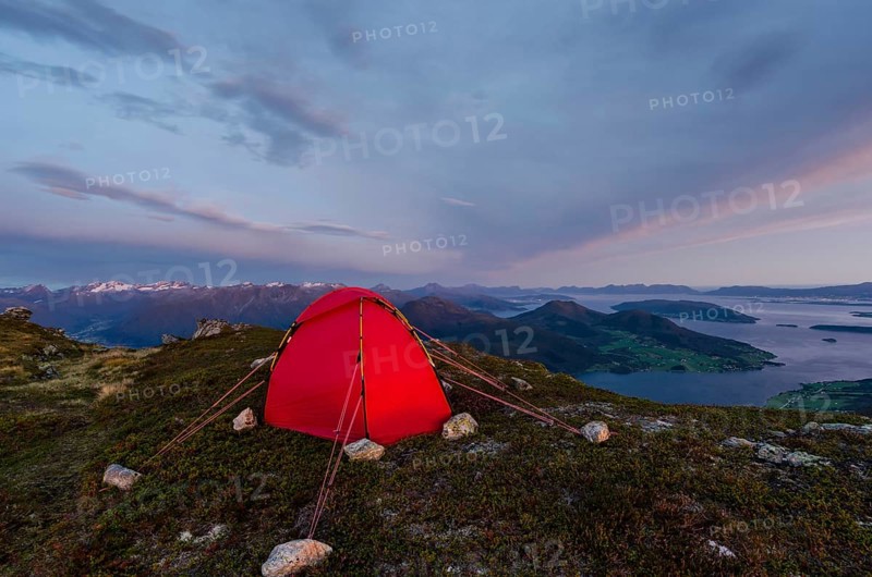 Tent on a peak with a view over the Moldefjord, Romsdalen, Möre and Romsdal Fylke, Vestland, Norway, Norway, Europe