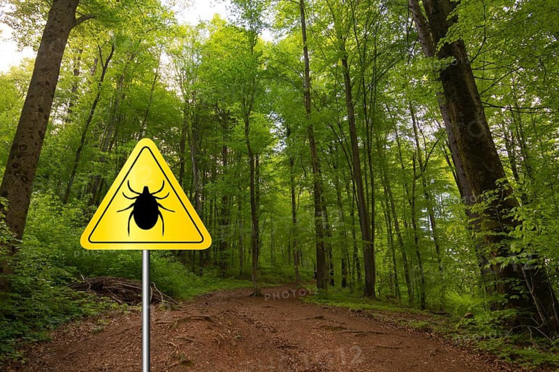 Tick insect warning sign in nature forest. Lyme disease and tick-borne meningoencephalitis transmitter