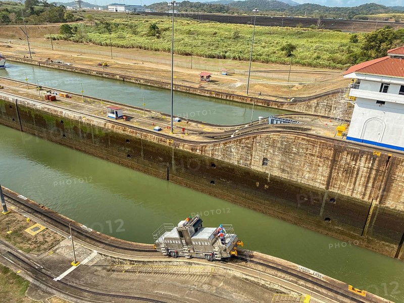 Water lock with a small vehicle on rails along the canal, panama city, panamakanl, panama, Central America
