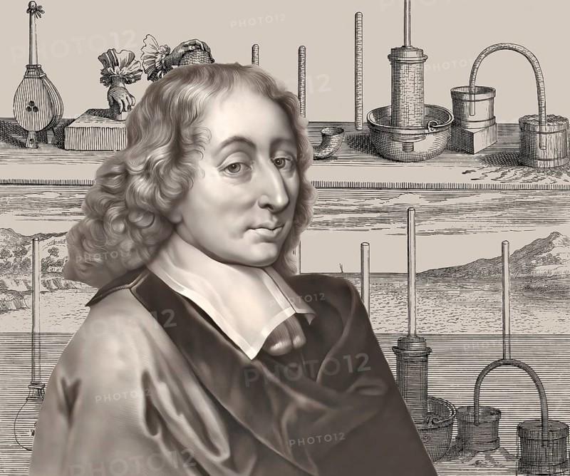 Portrait of Blaise Pascal with a page of Traitez de l'equilibre des liqueurs, et de la pesanteur de la masse de l'air, 1663
