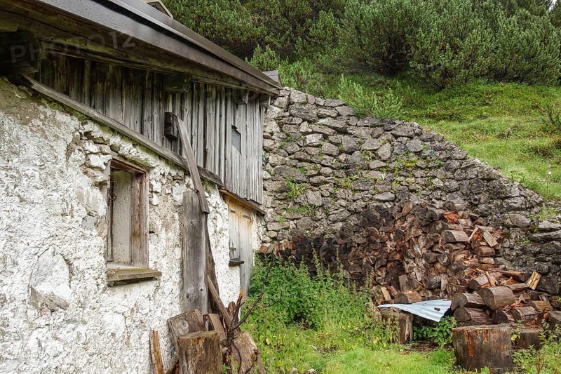 Old stone building with wooden panelling and piles of firewood next to it, surrounded by lush greenery, Alps, Austria, Europe