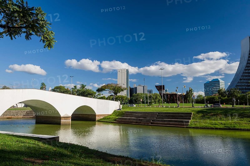 Porto Alegre, Rio Grande do Sul, Brazil, March 29, 2021: Beautiful photograph of the square of the Azoreans, bridge and monument to the Azoreans on a sunny day, South America