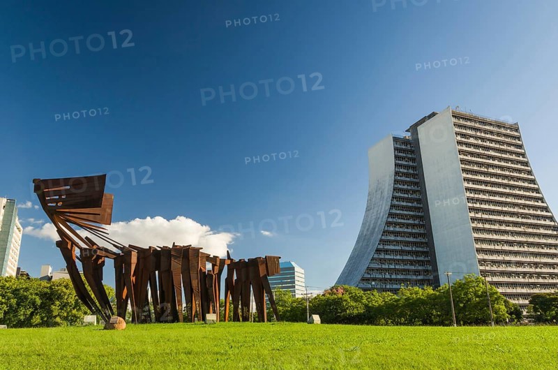 Porto Alegre, Rio Grande do Sul, Brazil, March 29, 2021: Beautiful photograph of the square of the Azoreans, bridge and monument to the Azoreans on a sunny day, South America