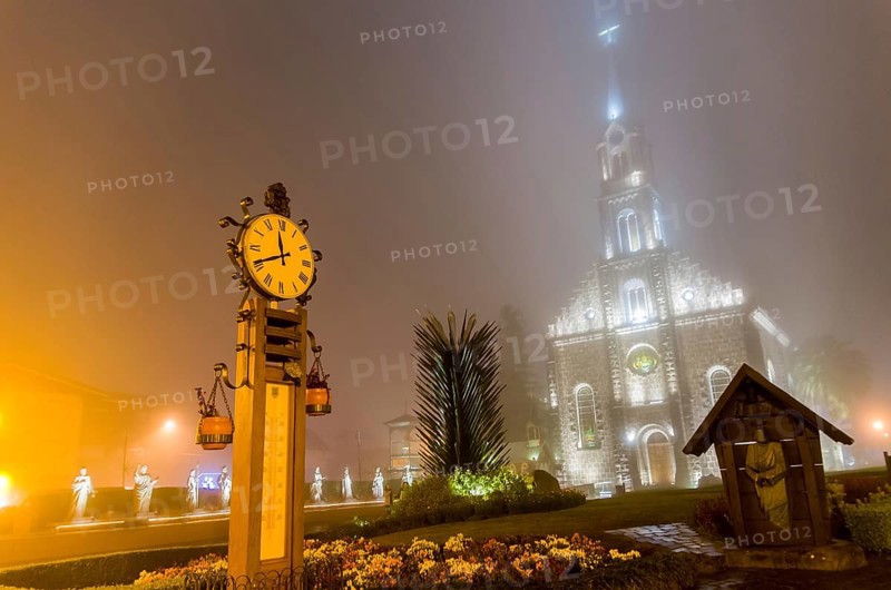 St. Peter the Apostle Mother Church (Igreja Matriz Sao Pedro Apostolo) and famous thermometer in night lighting, Gramado, Rio Grande do Sul, Brazil, South America