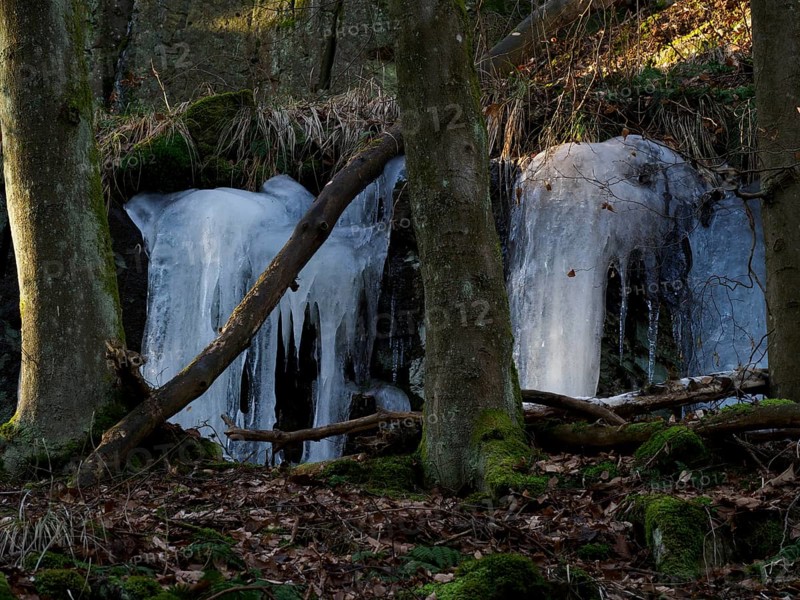 Icicles on a rock face in the Höllental valley in Upper Franconia