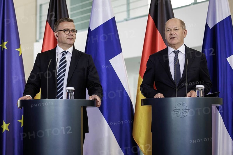 (R-L) Olaf Scholz, Federal Chancellor, and Petteri Orpo, Prime Minister of the Republic of Finland, photographed at a press conference after their joint talks at the Federal Chancellery. Berlin, 14.07.2023., Berlin, Germany, Europe