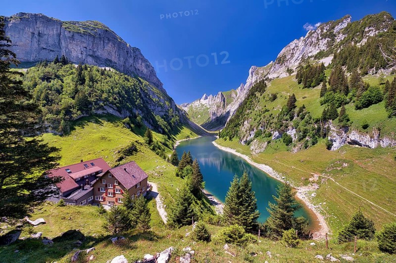 Fählensee with Bollenwees mountain inn in the Alpstein, Appenzell Alps, Canton Appenzell Innerrhoden, Switzerland, Europe