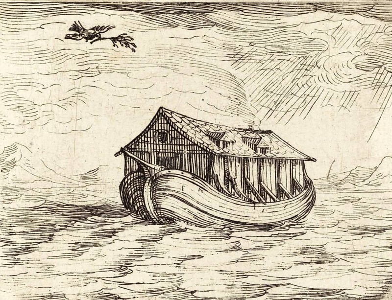 Noah's Ark, according to the biblical book of Genesis, was a buoyant box built by the patriarch Noah, Illustration from 1610, Historic, digitally restored reproduction from an original of the period