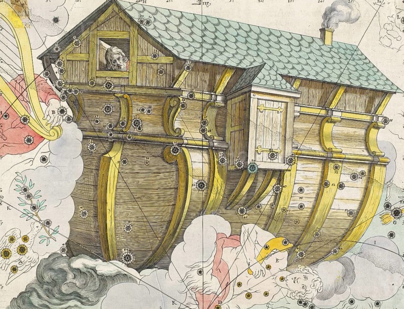 Noah's Ark, Argo Navis or Ship of the Argonauts, from Coelum Stellatum Christianum, Christian Starry Sky, Noah's Ark, according to the biblical book of Genesis, chapters 6-9, was a buoyant box built by the patriarch Noah, Historic, digitally restored reproduction from an original of the time