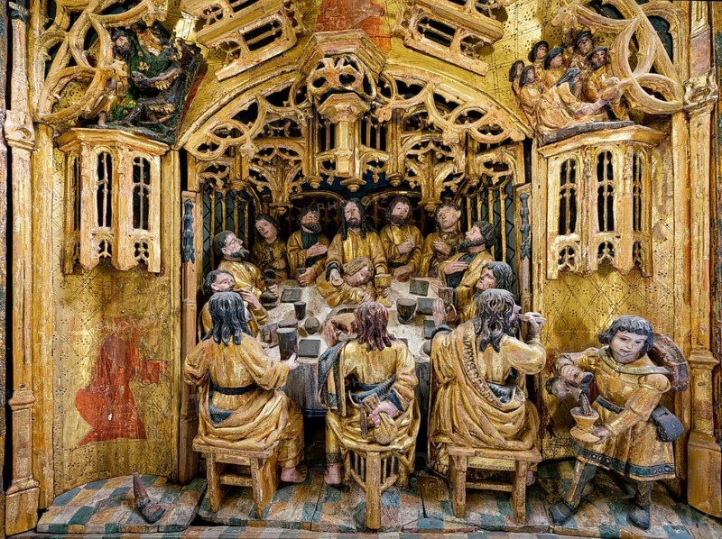 The Last Supper, predella, detail of carved winged altar, work of the Lukas Guild Antwerp, late Gothic, Sankt Lambertus, Affeln, Neuenrade, Märkischer Kreis, Sauerland, North Rhine-Westphalia, Germany, Europe