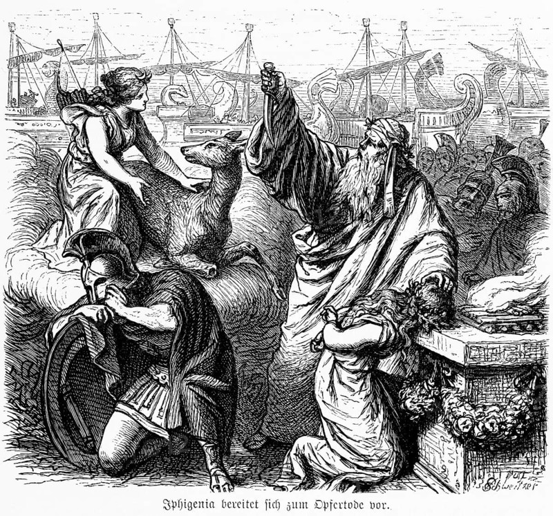Iphigenia, prepares for sacrificial death, Greece, Iphigenia, Greek mythology, important woman, history, harbour, ships, sails, warriors, sacrificial altar, fire, dagger, death, historical illustration 1894, Europe