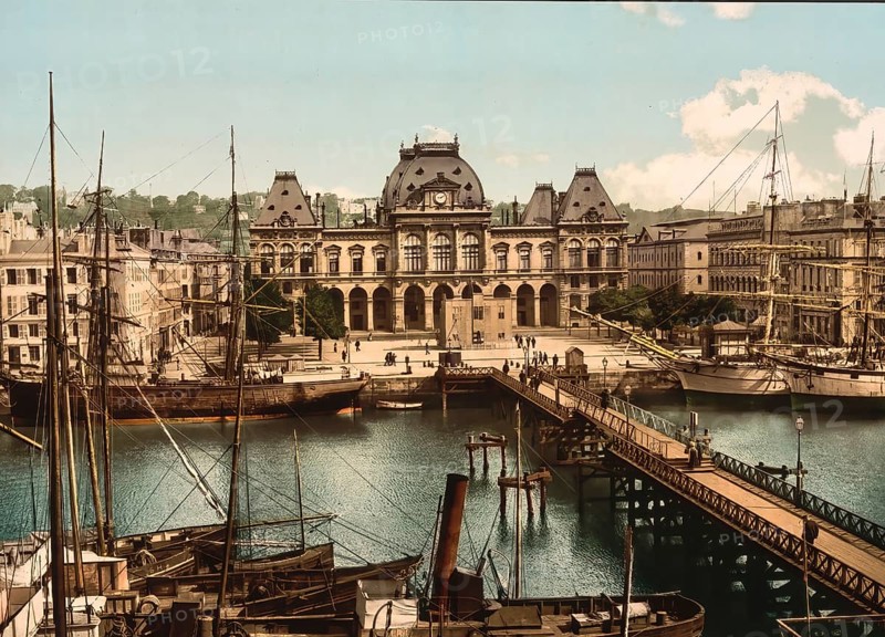 Stock Exchange and Docks, Le Havre, France, c. 1890, Historic, digitally enhanced reproduction of a photochrome print from 1895, Europe