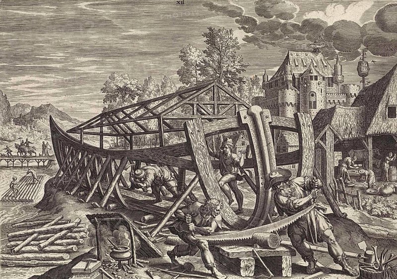 Building Noah's Ark, According to the biblical book of Genesis, Noah's Ark was a buoyant box built by the patriarch Noah, Illustration from 1586, Historic, digitally restored reproduction from an original of the time