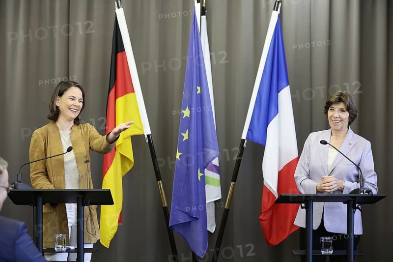 Annalena Bärbock (Bündnis 90 Die Grünen), Federal Minister of Foreign Affairs, and Catherine Colonna, Minister of Foreign Affairs of France, recorded during a press conference of a joint German-French meeting in Lauterbourg, 21.07.2023., Lauterbourg, Germany, Europe