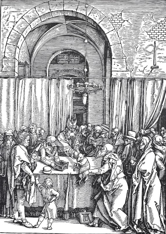 Picture cycle From the Life of the Virgin, the High Priest rejects Joachim's sacrifice, woodcut by Albrecht Dürer, historical, digital improved reproduction of an old woodcut
