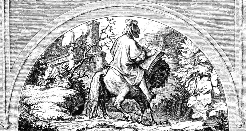 Martin Luther riding away from the Wartburg, horse, landscape, nature, way, bible, religion, Christianity, 16th century, historical illustration c. 1860