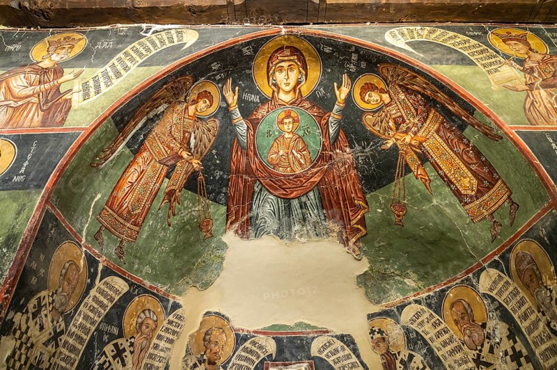 The painted interior of the barn-roofed Church of Archangelos Michail or Church of St. Michael the Archangel in Pedoulas, Cyprus, Europe