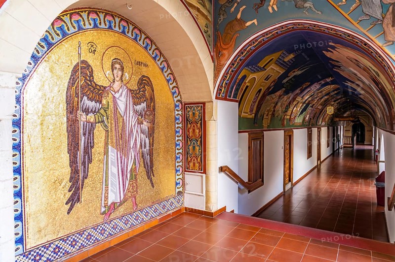 Mosaics in the corridor of Kykkos Monastery in the Troodos Mountains, Cyprus, Europe