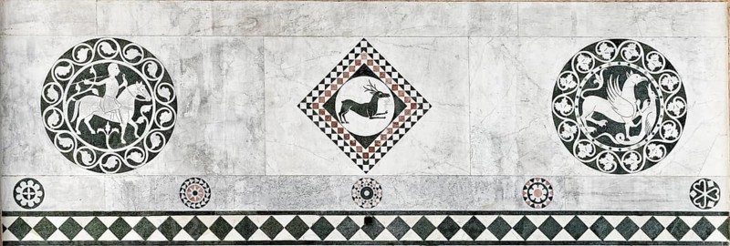 Rider, stag, griffin and bird, stone inlay, Romanesque, main façade, cathedral, Cattedrale di San Martino also Duomo di Lucca, Lucca, Tuscany, Italy, Europe